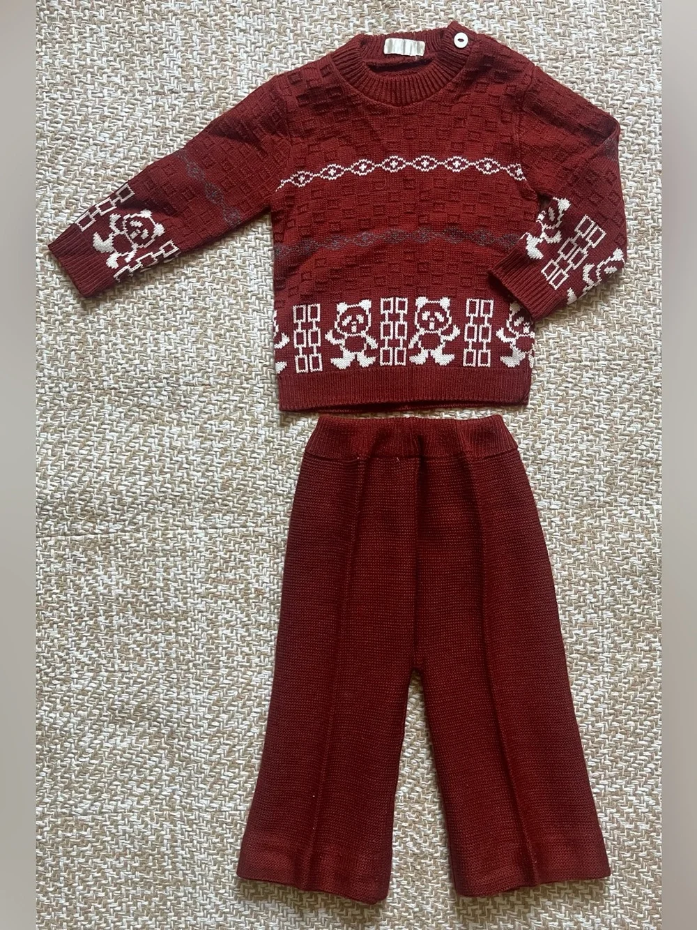 Vintage Knit Baby Set Sweater Pants Novelty Panda Bear Fair Isle